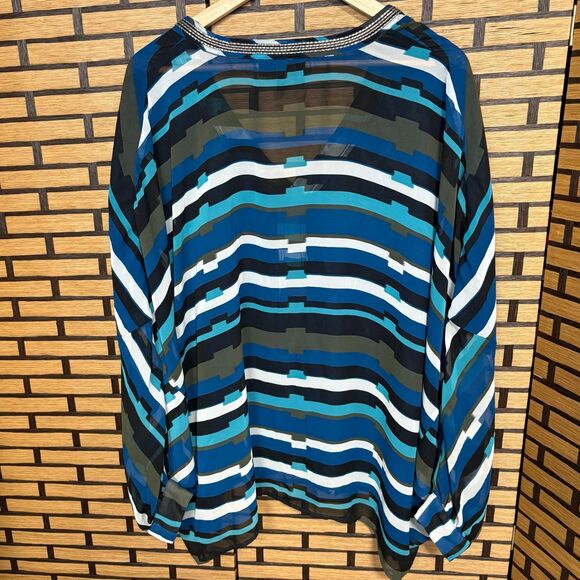 Lane Bryant Blue And Black Sheer Beaded Neckline Drop Shoulder Blouse Size 18/20 - Picture 2 of 8